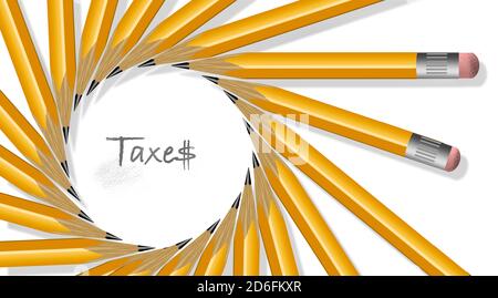 Les crayons jaunes sont disposés dans une spirale isolée sur un fond blanc avec le mot impôts au milieu avec un signe dollar écrit dans un crayon. Banque D'Images