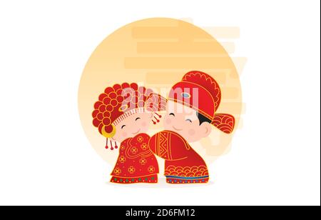 Couple de mariage chinois, dessin animé de mariage chinois, mariage chinois traditionnel, mariage de mariée chinoise et de dessin animé de marié dans la robe rouge traditionnelle Illustration de Vecteur
