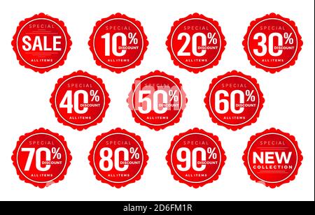 Numéro d'autocollant de remise, ensemble de numéros de remise, ensemble de vecteurs de réduction de numéro d'étiquette, collection de numéros de vente d'étiquette rouge . Pour la publicité, le festival du shopping, Illustration de Vecteur