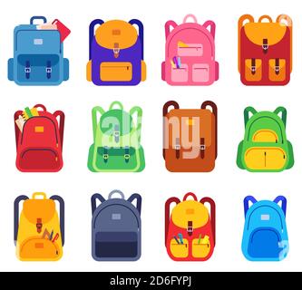 Sacs d'écoliers. Sacs à dos avec fermeture à glissière et poches pour l'étude et le voyage, objets de bagages. De retour à l'école, les élèves sacs à dos ensemble de vecteur plat Illustration de Vecteur