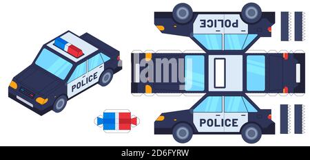 Jouet coupé en papier pour voiture de police. Artisanat pour enfants, créer des jouets avec des ciseaux et de la colle. Véhicule cop papier, modèle vectoriel de feuille de calcul de modèle 3d Illustration de Vecteur