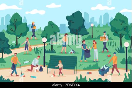 Parc de nettoyage pour les personnes. Équipe communautaire collectant les déchets de la nature. Les bénévoles de l'écologie des vecteurs protègent l'environnement de la pollution Illustration de Vecteur