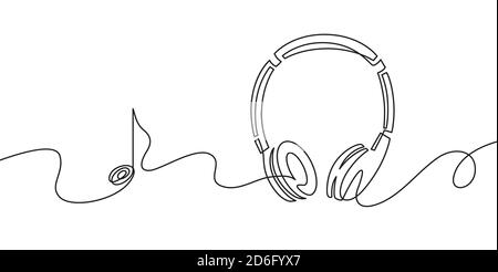 Casque à une ligne. Dessin continu de gadget musical et de note. Contour du casque audio. Lineart vecteur concept de symbole musical Illustration de Vecteur