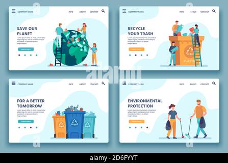 Page de renvoi des déchets de recyclage. Les personnes qui collectent et trient les déchets pour les recycler. Mode de vie écologique. Réduire la pollution de l'environnement vecteur du site Web Illustration de Vecteur