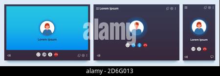 Interface d'appel vidéo. Maquette d'écran d'interface utilisateur de chat Web. Application pour les appels et les conférences en ligne. Ensemble de vecteurs de fenêtres de communication Illustration de Vecteur
