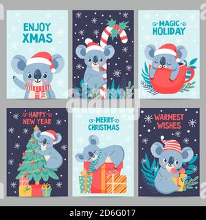 Noël Koala. Animaux heureux avec des boîtes cadeaux. Cartes de noël mignonnes avec koalas. Petit ours australien en hiver vecteur de vacances Illustration de Vecteur