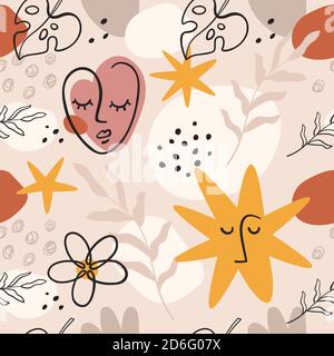 Motif portrait abstrait sans couture. Visage de femme et formes dans un style d'art minimaliste. Imprimé moderne. Arrière-plan vectoriel en ligne continue Illustration de Vecteur
