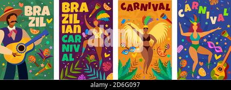 Carnaval brésilien. Bannière avec mascarade latino éléments défilé de danse, danseurs et musiciens, confetti, masques et plumes affiches vectorielles Illustration de Vecteur