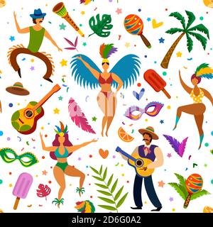 Motif sans couture de carnaval brésilien. Danseurs et maracas, palmier, masques et plumes, festival de danse latino papier peint texture vectorielle Illustration de Vecteur