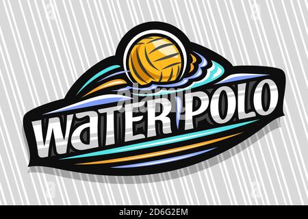 Logo Vector pour Water Polo Sport, emblème Dark Modern avec illustration du ballon volant dans le but, lettrage unique pour les mots gris water polo, signe sportif Illustration de Vecteur