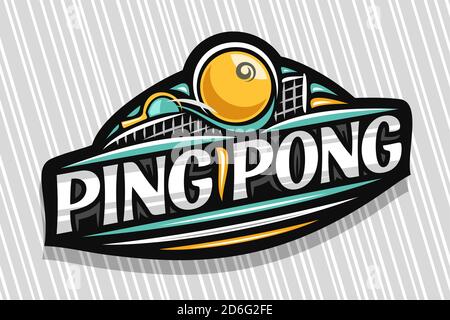 Logo Vector pour Ping pong Sport, emblème sombre et moderne avec illustration du ballon volant dans le but, lettrage unique pour les mots gris ping pong, signe sportif W Illustration de Vecteur