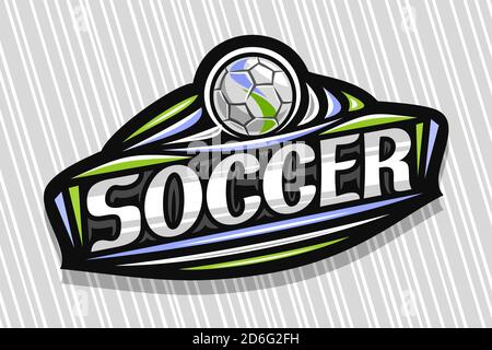 Logo Vector pour Soccer Sport, emblème Dark Modern avec illustration du ballon volant dans le but, lettrage unique pour le football de mot gris, signe sportif avec déc Illustration de Vecteur