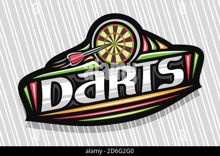 Logo Vector pour Darts Sport, emblème Dark Modern avec illustration de la flèche des fléchettes volantes dans la cible, lettrage unique pour les fléchettes grises, signe sportif W Illustration de Vecteur