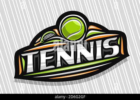 Logo Vector pour tennis Sport, emblème moderne avec illustration du ballon volant dans le but et la raquette, lettrage unique pour le tennis de mot gris, signe sportif wi Illustration de Vecteur