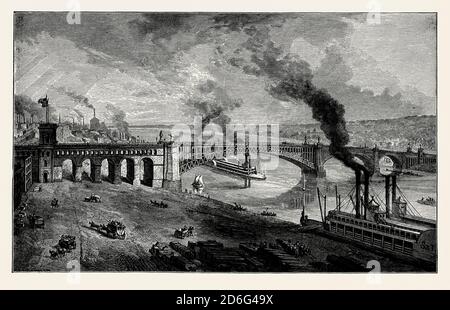 Une ancienne gravure du pont EADS, une route et un pont ferroviaire au-dessus du fleuve Mississippi reliant les villes de St Louis, Missouri et East St Louis, Illinois, Etats-Unis. Il est issu d'un livre victorien d'ingénierie mécanique des années 1880. Le pont porte le nom de son designer James Buchanan EADS. Ouvert en 1874, EADS Bridge est aujourd'hui le plus ancien pont de la rivière. Une grande partie du pont est en fer forgé, mais les principaux composants porteurs étaient en acier. Le pont routier transporte maintenant des véhicules et des piétons. L'ancien pont ferroviaire ci-dessous porte maintenant le système de train léger de Saint-Louis Metrolink. Banque D'Images