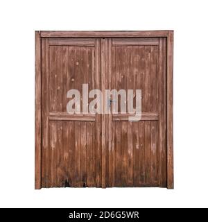Une ancienne porte en bois isolée sur fond blanc Banque D'Images