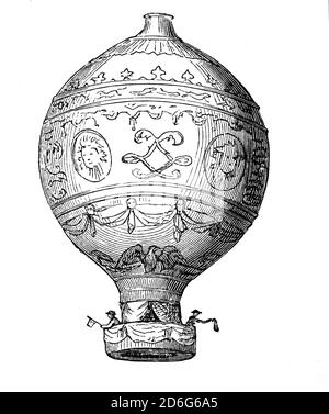 Un ballon Rozière est un ballon hybride qui possède des chambres séparées pour un gaz de levage non chauffé (par exemple, hydrogène ou hélium) ainsi que pour un gaz de levage chauffé utilisé dans un ballon à air chaud. Il a l'avantage d'un contrôle partiel de la flottabilité avec beaucoup moins d'utilisation de carburant qu'un ballon d'air chaud typique. Le dessin a été créé par Jean-François Pilatre de Rozier (1754–1785) qui est décédé lorsque le ballon a pris feu, s'est soudainement dégonflé et s'est écrasé en tentant de traverser la Manche le 15 juin 1785. Banque D'Images