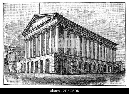 Vue de la fin du XIXe siècle sur l'hôtel de ville de Birmingham, salle de concert et lieu d'assemblées populaires ouverte en 1834 et située à Victoria Square, Birmingham, Angleterre. Il a été créé comme une maison pour le Festival triennal de musique de Birmingham, créé en 1784, afin de recueillir des fonds pour l'Hôpital général. Joseph Hansom, de la renommée de Hansom CAB, et Edward Welch ont été les architectes utilisant une renaissance du XIXe siècle de la conception de l'architecture romaine a été basée sur les proportions du Temple de Castor et de Pollux dans le Forum romain. Banque D'Images