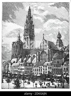 Vue de la fin du XIXe siècle sur la cathédrale notre-Dame, une cathédrale catholique romaine d'Anvers, en Belgique. Commencée en 1352, la première étape de la construction a pris fin en 1521, mais n'a jamais été « terminée ». Dans le style gothique, ses architectes étaient Jan et Pieter Appelmans. Banque D'Images