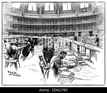 Une vue du 19ème siècle de la salle de lecture a ouvert en 1857 au coeur du British Museum, le premier musée national public au monde, établi dans la région de Bloomsbury à Londres, au Royaume-Uni. Banque D'Images