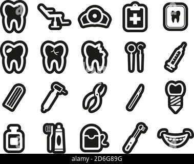 Kit d'autocollants blancs sur noir pour icônes de cabinet dentaire et d'équipement Grande Illustration de Vecteur