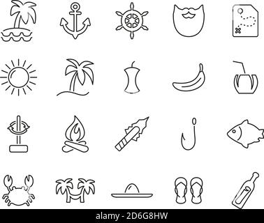 Desert Island Icons Black & White Thin Line Set Big Illustration de Vecteur