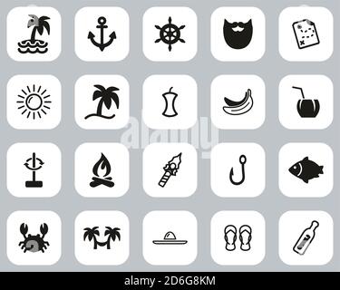 Desert Island Icons Noir & blanc Flat Design Set Big Illustration de Vecteur