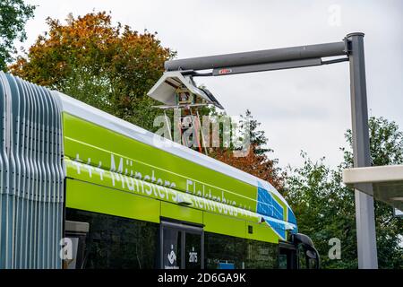 Bus électrique de Stadtwerke Münster, à une station de charge rapide, arrêt de bus, point de tournant Dieckmannstrasse à Münster Gievenbeck, 16 E-bus courant Banque D'Images