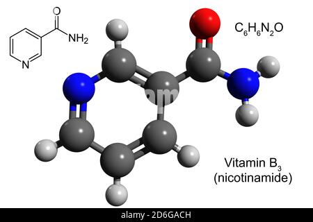 Formule chimique, formule structurale et modèle boule-et-bâton 3D de la vitamine B3 (nicotinamide), fond blanc Banque D'Images