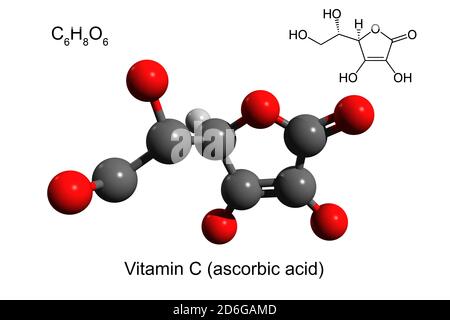 Formule chimique, formule structurale et modèle 3D boule-et-bâton de vitamine C (acide ascorbique), fond blanc Banque D'Images