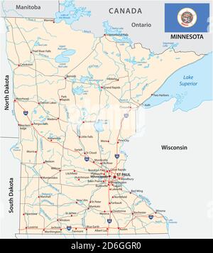 carte des vecteurs routiers de l'état fédéral du minnesota avec drapeau Illustration de Vecteur