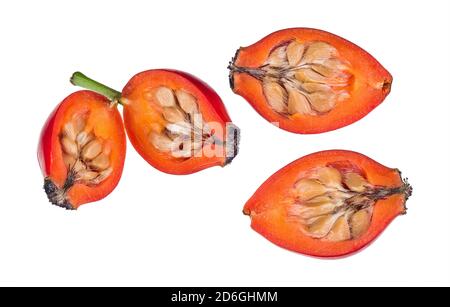 Coupe transversale des hanches roses rouges. Rosa canina. Pulpe douce et graines poilues dans le noyau de rosehanches mûres en deux. Fruits comestibles biologiques à la tisane ou à la confiture. Banque D'Images