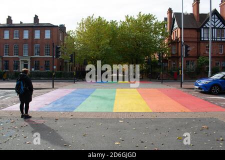 Fierté arc-en-ciel croisant avec une femme attendant de traverser et voiture bleue sur le bord du design. La vitesse du croissant Salford augmente. Université de Salford, Royaume-Uni Banque D'Images