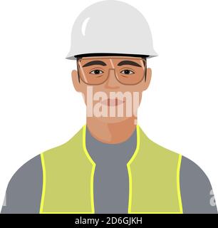 Travailleur de la construction portant un casque de protection, des lunettes et un gilet réfléchissant ; illustration portrait à l'avant. Illustration de Vecteur