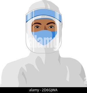 Peau foncée femme médecin portant un équipement de protection personnelle complet et un écran facial. Illustration portrait isolée. Vecteur isolé sur un fond blanc. Illustration de Vecteur