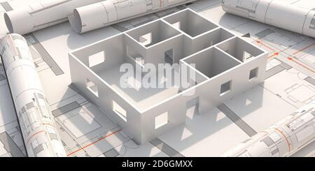 Construire des plans de projet et un modèle de maison. Immobilier, concept de construction. Conception de l'architecture. illustration 3d Banque D'Images