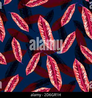 Maranta rayures rouges feuilles, peint à la main aquarelle illustration motif sans couture sur fond jaune bleu foncé Banque D'Images