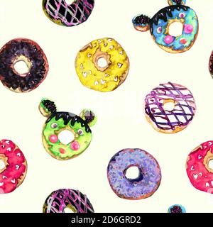 Collection de variétés de beignets, ensemble souris forme avec chocolat, pistache, glaçure de framboise, illustration d'aquarelle peinte à la main, motif sans couture Banque D'Images