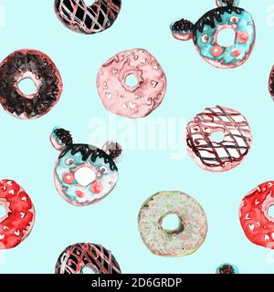 Collection de variétés de beignets, ensemble souris forme avec chocolat, pistache, glaçure de framboise, illustration d'aquarelle peinte à la main, motif sans couture Banque D'Images