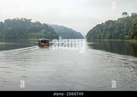 Thekkady canotage dans le lac forestier. Bateau safari dans la rivière Munnar Idukki Thekkadi Kerala Inde. Le tourisme de Kerala Banque D'Images