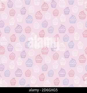 Arrière-plan vectoriel de muffins roses pastel sans couture. Dessert arrière-plan-répétition art de ligne, dessin de style Doodle. Papier peint pastel à motif cupcake. Illustration de Vecteur