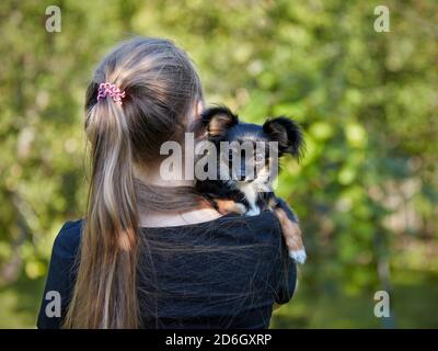 Jeune fille blonde avec son jeune chien Chihuahua à poil long noir sur son épaule. Banque D'Images