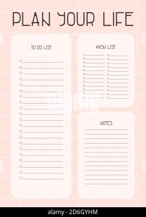 Rose blanc Plan vous page de vie avec liste de souhaits, Notes et modèles de liste de tâches Illustration de Vecteur
