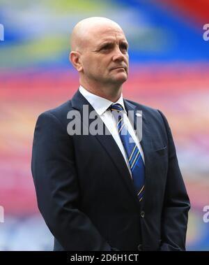 Richard Agar, entraîneur-chef de Leeds Rhinos, lors de la finale de la coupe du défi Coral au stade Wembley, Londres. Banque D'Images