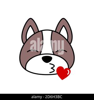 Bleu français Bulldog emoji envoi baiser. Un adorable chien de taureaux français fond un baiser. Drôle de kawaii chien dans l'amour émoticône. Caractère animal romantique avec coeur.Vector Illustration de Vecteur