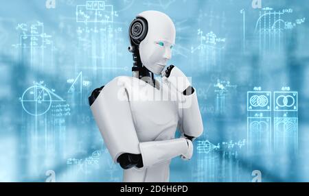 Penser ai humanoid robot analyse écran de la formule mathématique et équation scientifique en utilisant l'intelligence artificielle et le processus d'apprentissage machine Banque D'Images