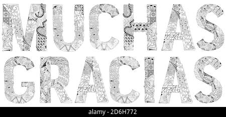 Mots MUCHAS GRACIAS. Merci en espagnol. Objet décoratif vectoriel en zentangle pour la coloration Illustration de Vecteur