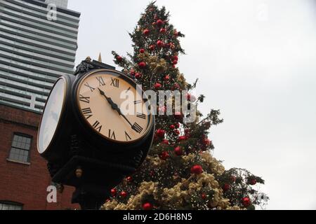 Horloge du quartier de la distillerie en face de l'arbre de Noël Banque D'Images