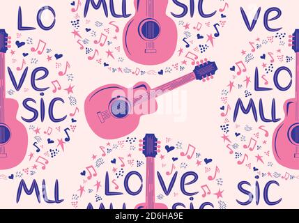 Dessin musical sans couture dessiné à la main avec l'inscription Love Music and Country Guitar, stars, notes, symboles, objets et éléments. Illustration de Vecteur