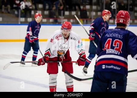 Horsholm, Danemark. 16 octobre 2020. Shawn O'Donnell (92) des Bulldogs d'Odense vus dans le match de hockey sur glace de Metalligaen entre Rungsted Seier Capital et Odense Bulldogs à Bitcoin Arena à Horsmolm. (Crédit photo : Gonzales photo/Alamy Live News Banque D'Images